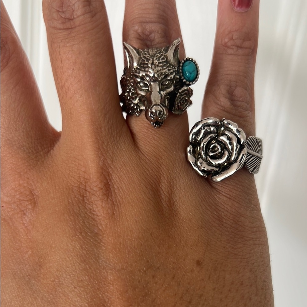 Silver Wolf and Rose Ring Set